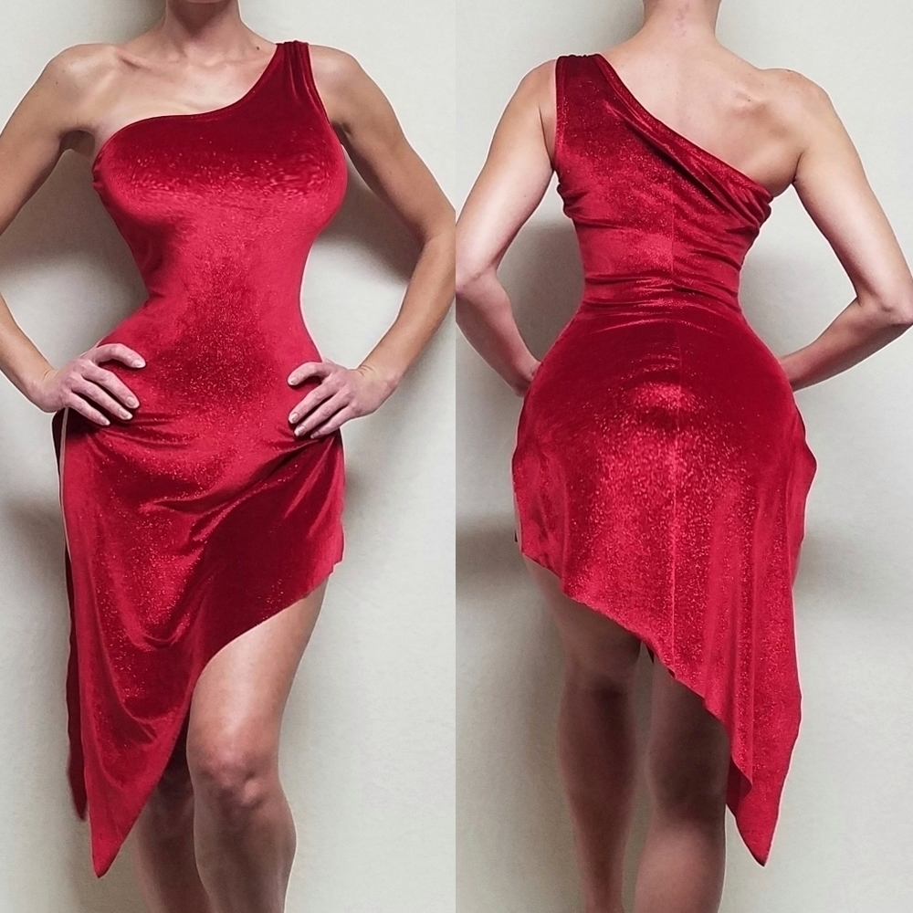 80s Vintage Curtain Call Costumes Red Sparkly Velvet One-Shoulder Slit Dress S
